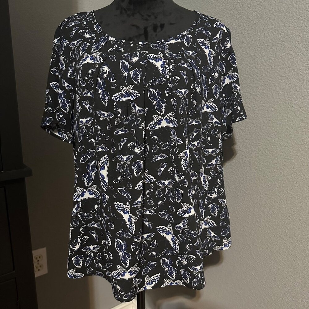 Kim Rogers Womens Blouse XL Butterfly Print Short Sleeve NWT Cottagecore Lagom